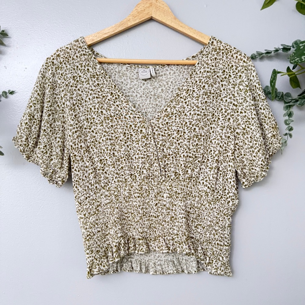 Paper Crane Blouse Cottagecore Olive Green Floral Smocked Peasant Crop Wmns L